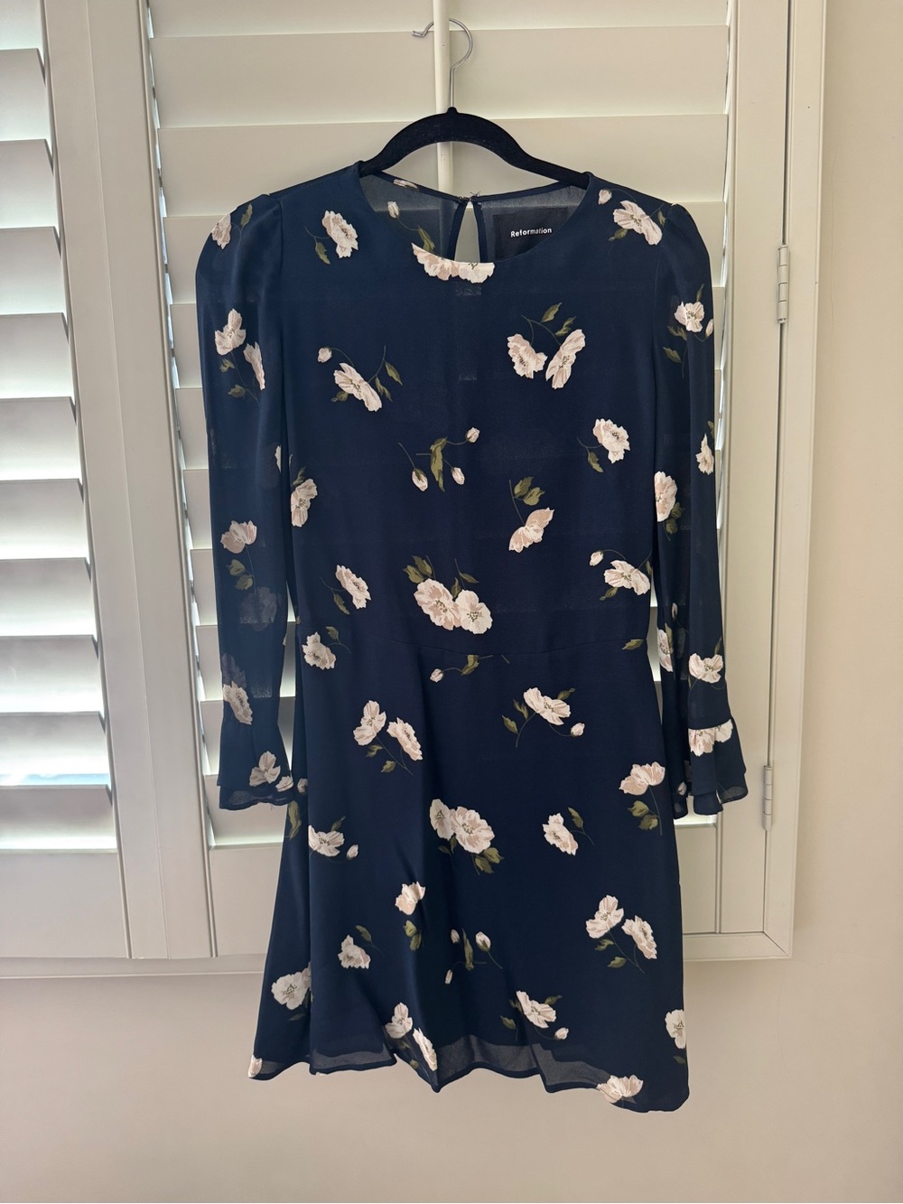 Reformation Navy Floral Long Sleeve Mini Dress with Cream Blooms